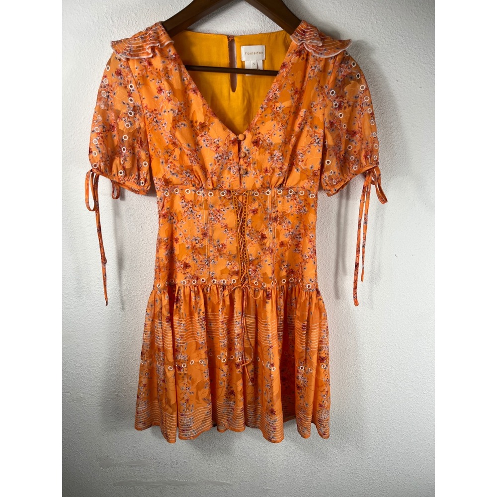 Foxiedox Women Mini Dress Orange S Cottagecore Floral Eyelet Lace Up Corset